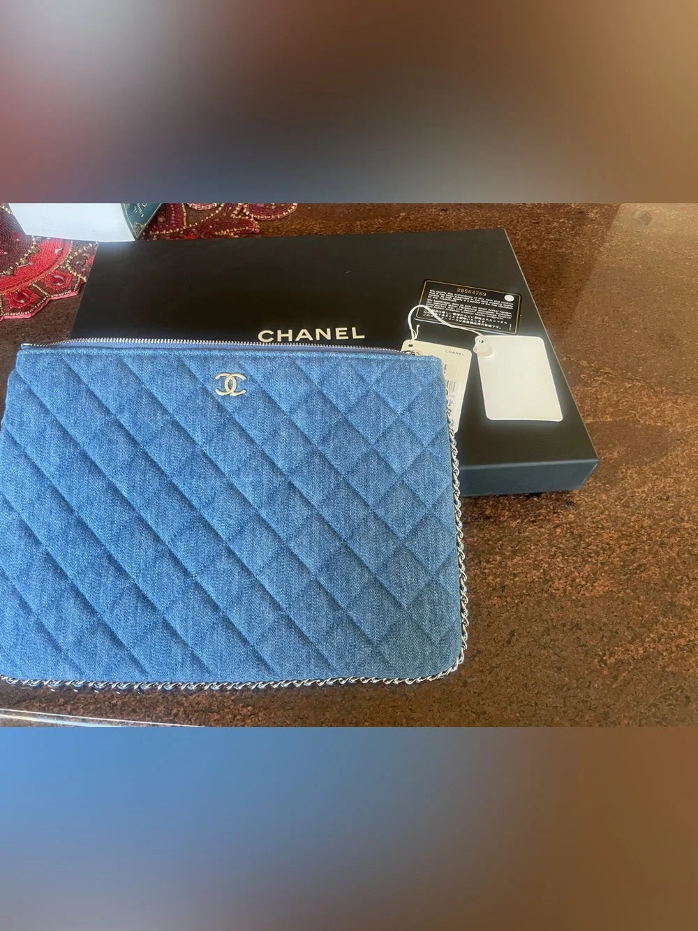 NWT authentic CHANEL Blue Quilted Denim Chain Pouch clutch Silver chain trim CC